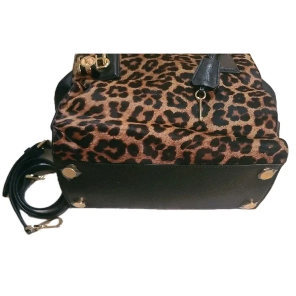 Michael Kors Black Leather Leopard Haircalf Satchel with Long Crossbody Strap - Picture 6 of 16